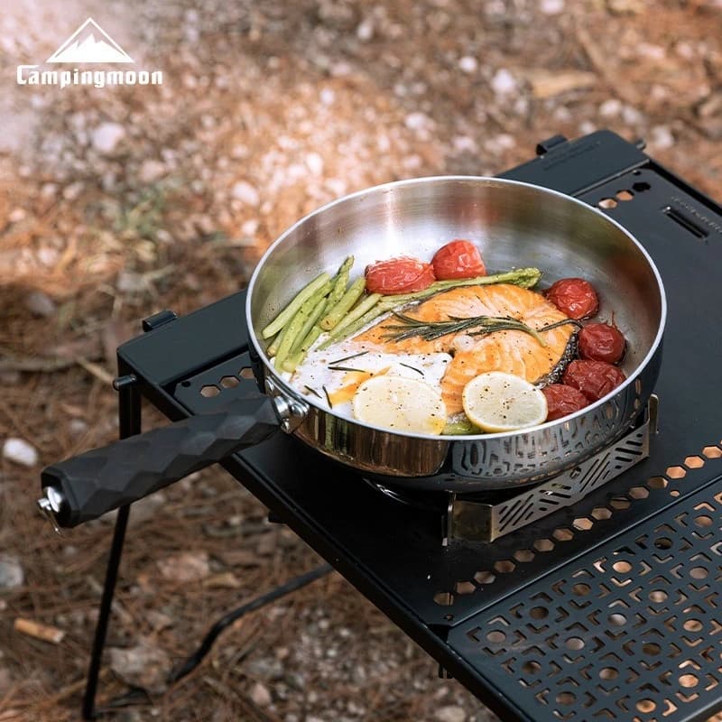 CAMPINGMOON CC-23 camping three-layer steel frying pan, portable and detachable handle, deep frying pan, camping cookware