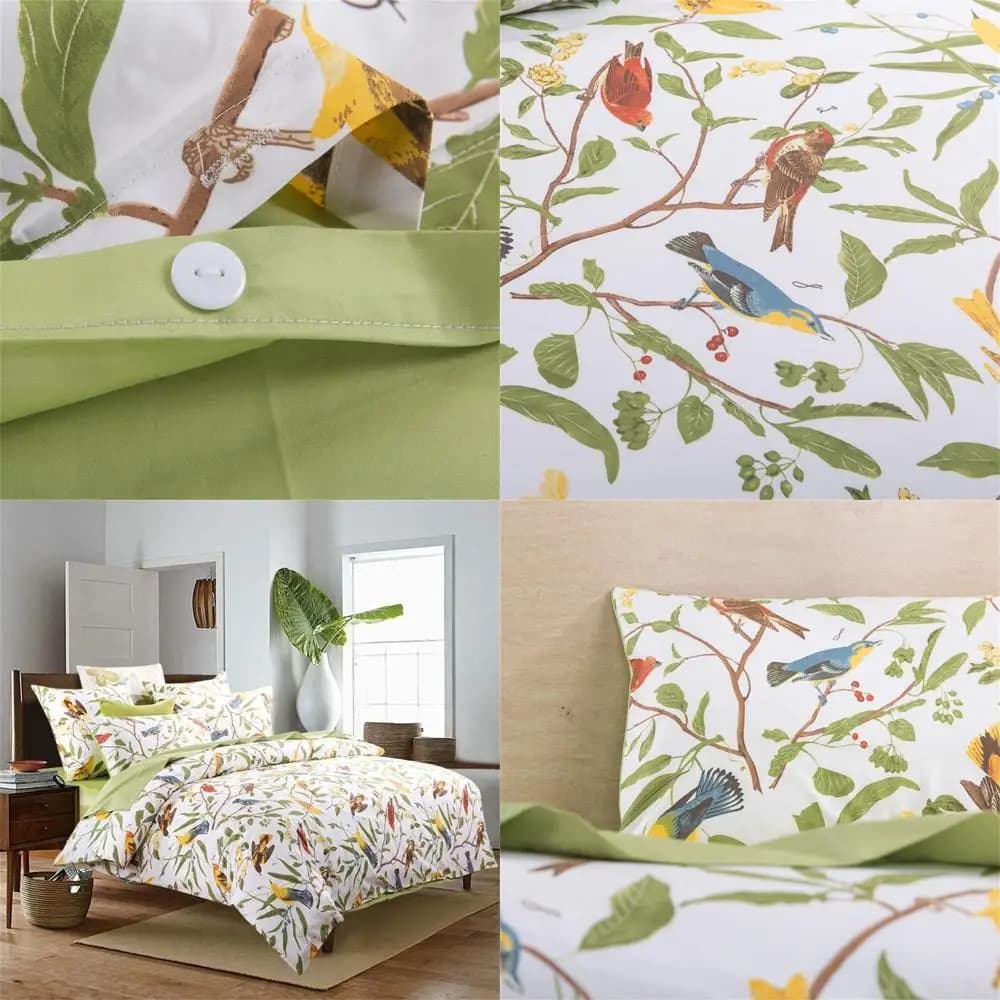 Set copripiumino pastorale King-Size in 3 pezzi: rami, uccelli, stampa floreale, elegante biancheria da letto da fattoria in verde