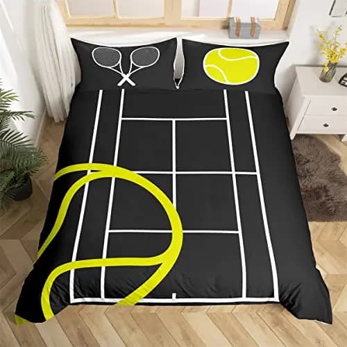 Tennis Court Print Duvet Cover Set,Boys Sports Games Themed Comforter Cover,Yellow Tennis Racket Sporting Equipment Bedding Set