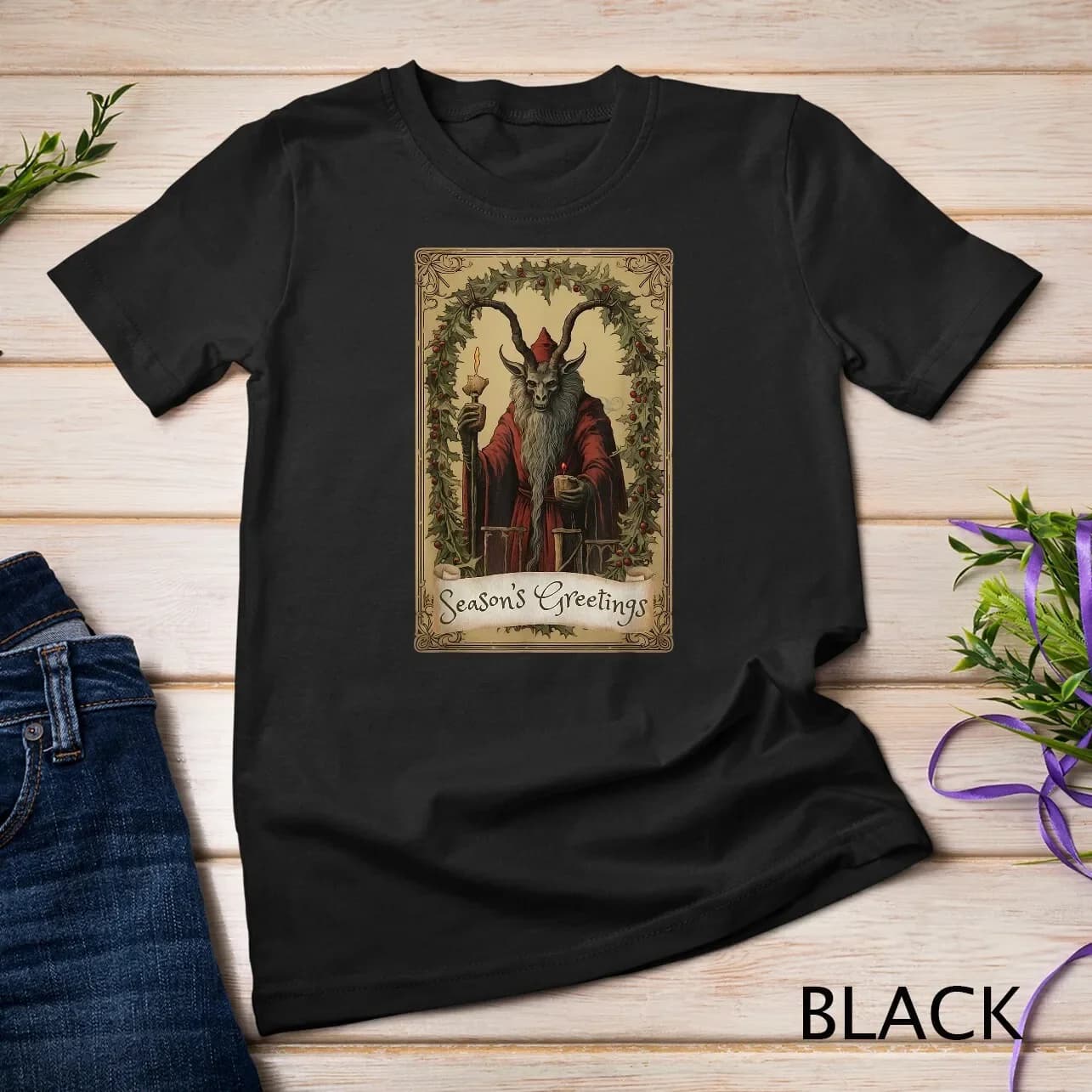 T-shirt unisex con design di carte dei tarocchi Krampus, stagione natalizia, pigiama malvagio, Natale