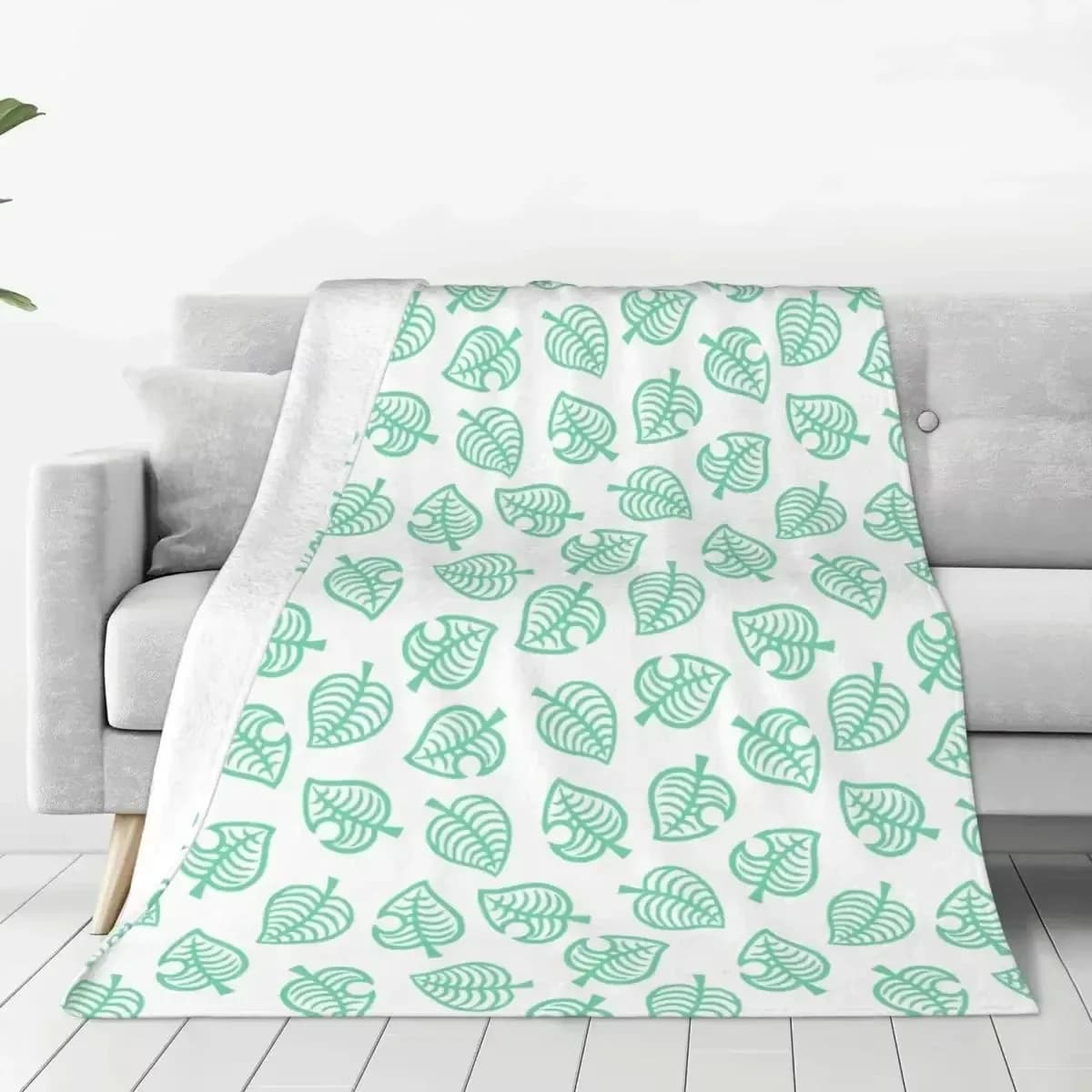 Coperta Animal Crossing con Stampa Foglie, Plaid in Flanella Verde Menta, Decorazione Accogliente per Camera da Letto e Soggiorno