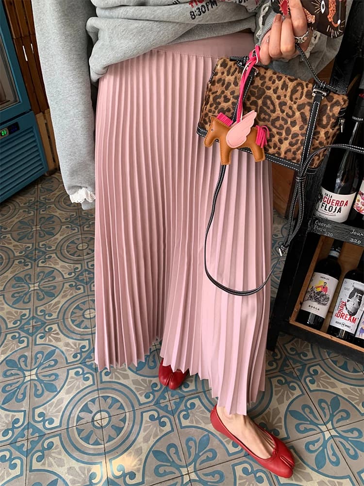 Pink Woolen Plaid A-Line Skirt Pleated High Waist Polyester Cotton Blend Daily Wear Commute Style Korean Fashion