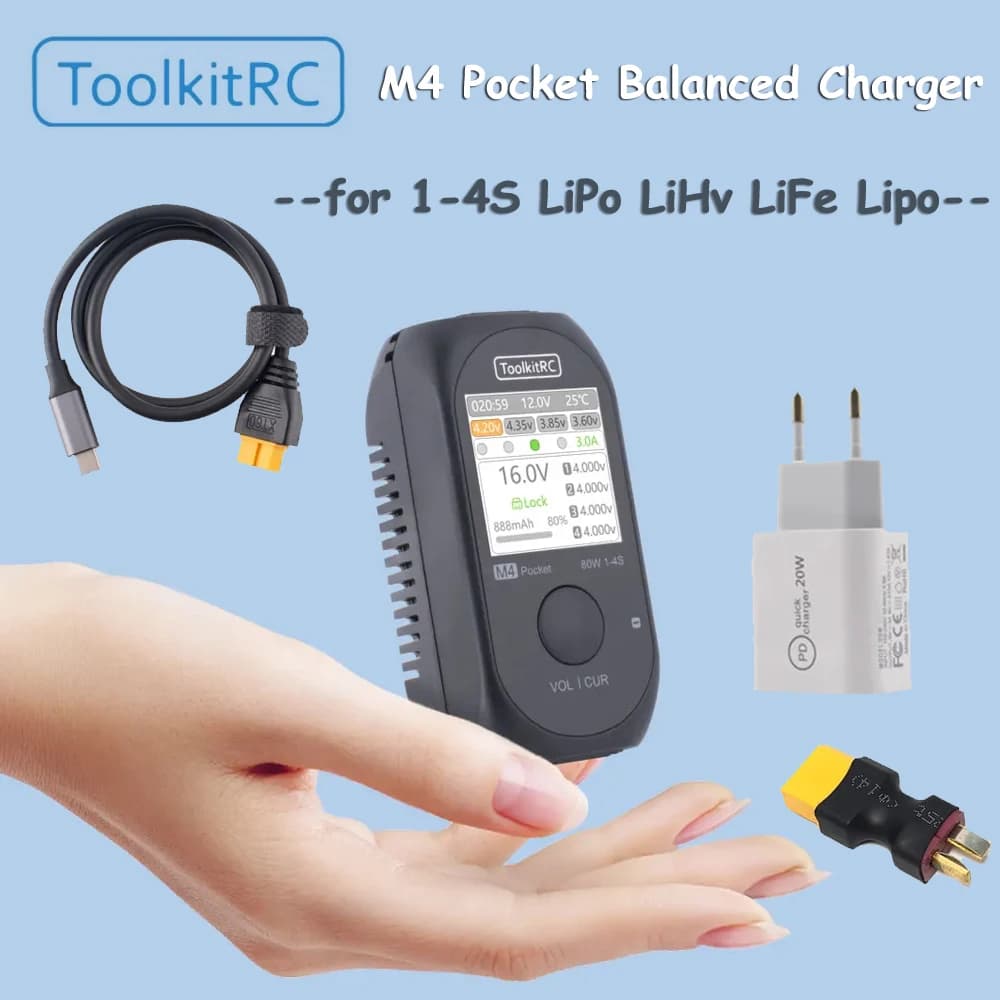 Balanced Charger ToolkitRC M4 Pocket DC 80W 5A with XT30 XT60 Input and USB-C Output/Ingress for RC Models, Quick Charger for LiPo 1-4S Batteries