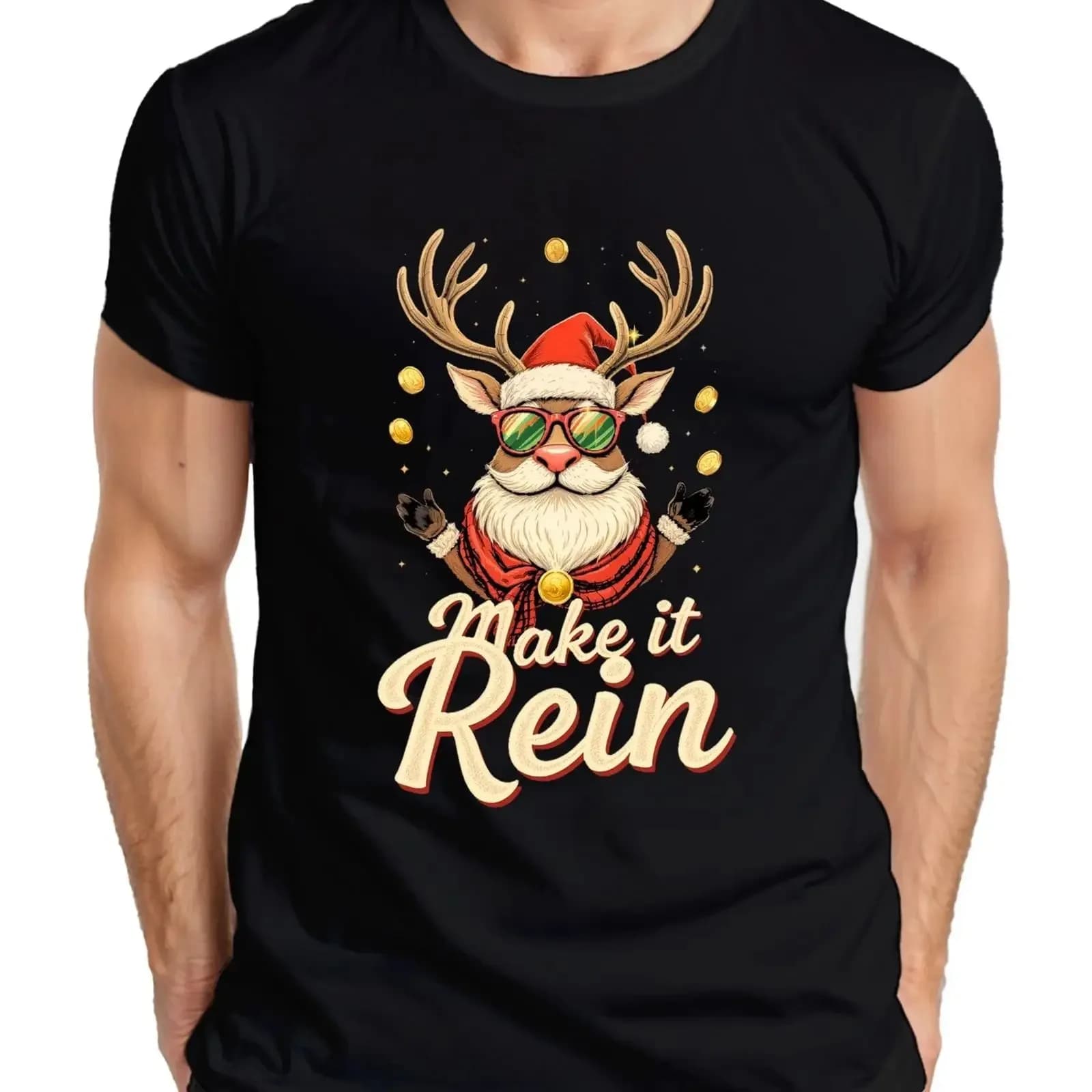 Make it Rein Christmas Reindeer Sunglasses Beard Funny Retro Men's T Shirt vintage Washed streetwear Comfortable Stretched