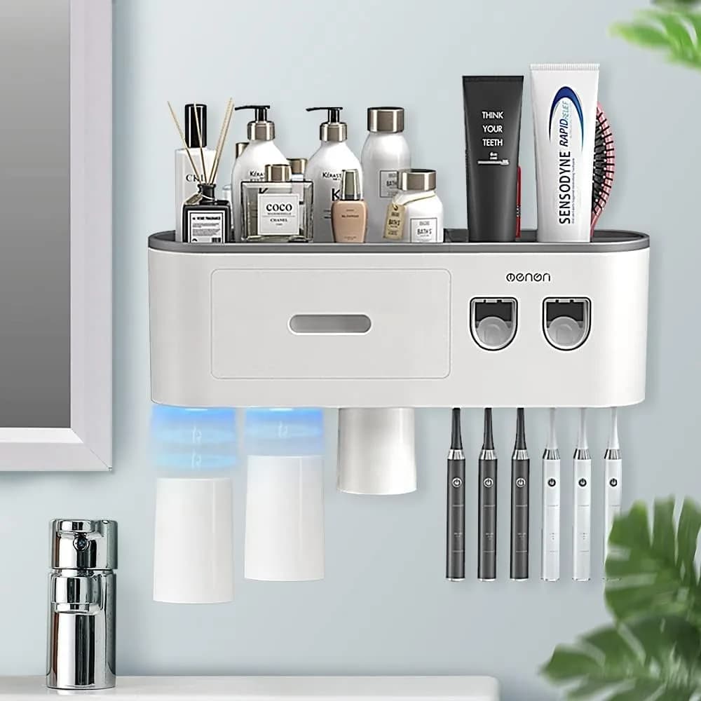 Porta spazzolino da parete, porta spazzolino con dispenser automatici di dentifricio, 6 slot per spazzolino, 3 tazze magnetiche,1