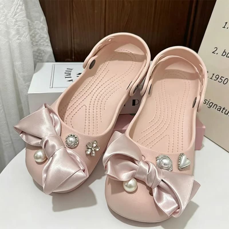 Pink Satin Bowknot Cute Ballet Hole Shoes Women Korean Balletcore Pearl EVA Thick Bottom Clogs Sandals Summer Anti Slip Slippers