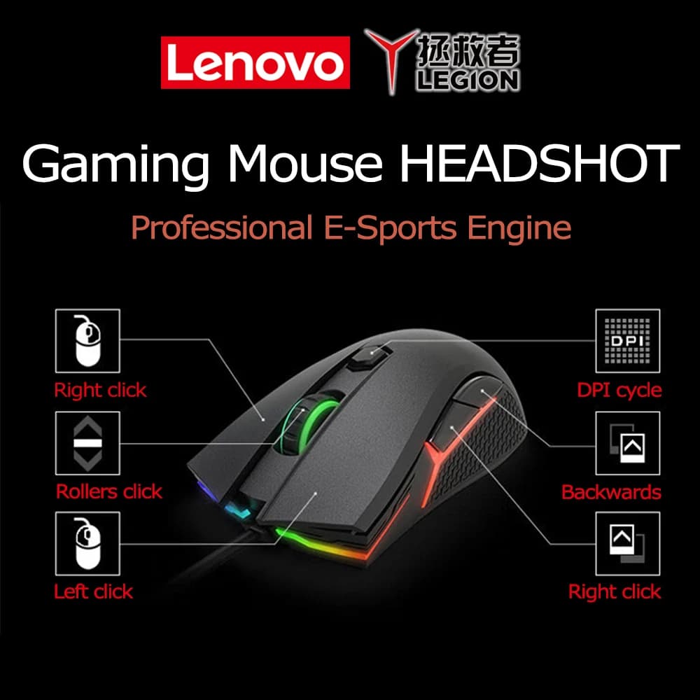 Mouse da gioco Lenovo Legion HEADSHOT Motore ottico USB Esports cablato 4 livelli DPI Ergonomia 16,8 milioni di colori Leggero simile alla pelle