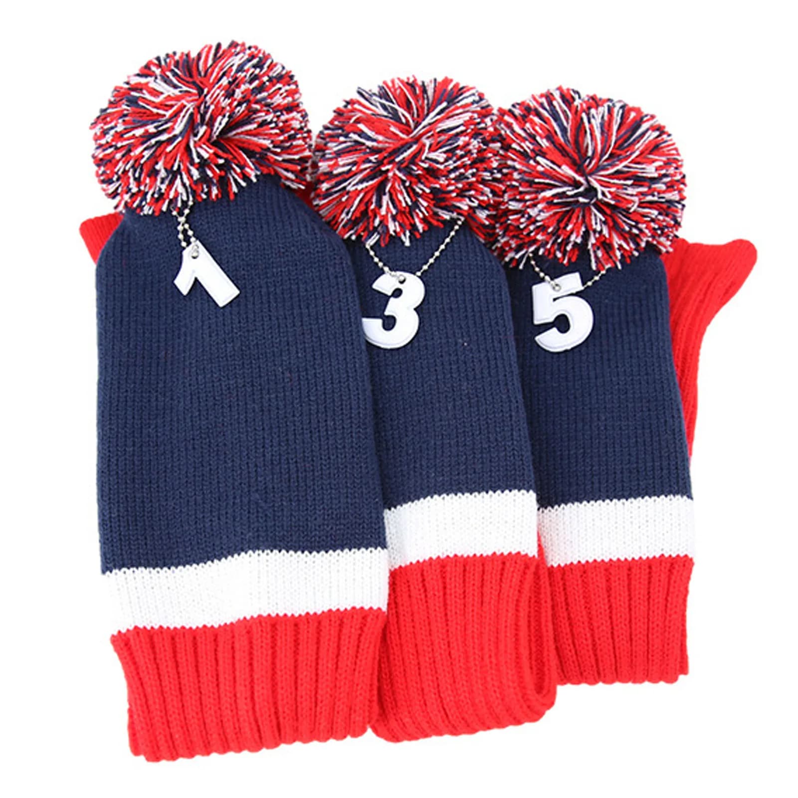 Set di 3 Copritesta per Mazze da Golf Blu e Rossi, Lavorati a Maglia, Stile Lungo con Pompon e Targhetta Numerica per Legni