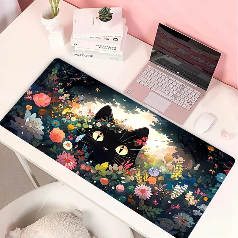 Clouds Cat Black Mouse Carpet PC Green Plants Flower Keyboard Carpet Laptop Kawaii Anime Gamer Cabint Mousepad Cute Desk Mat
