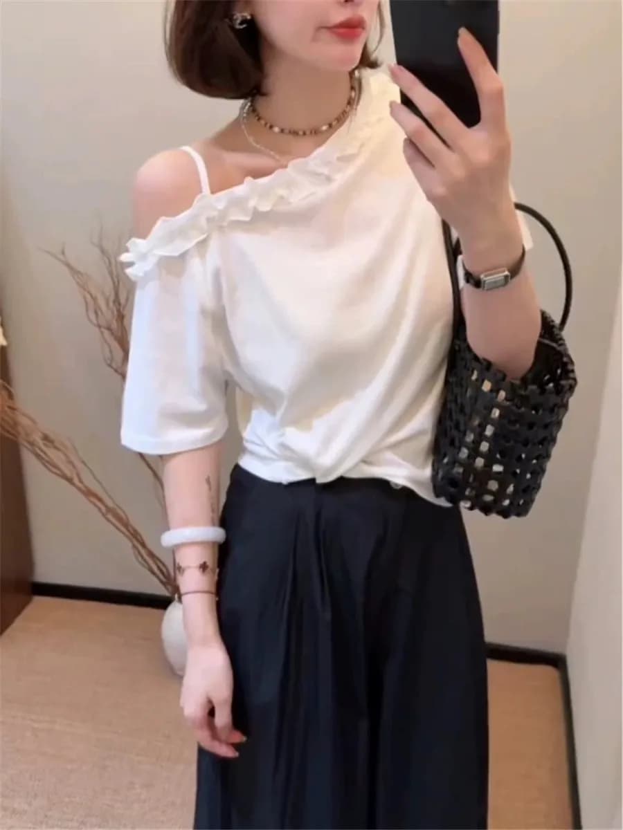 Sweet Wooden Ruffle Shoulder Short Sleeve White T-Shirt Women's Summer New Korean Loose Casual Top Trendy Cotton Pure Color