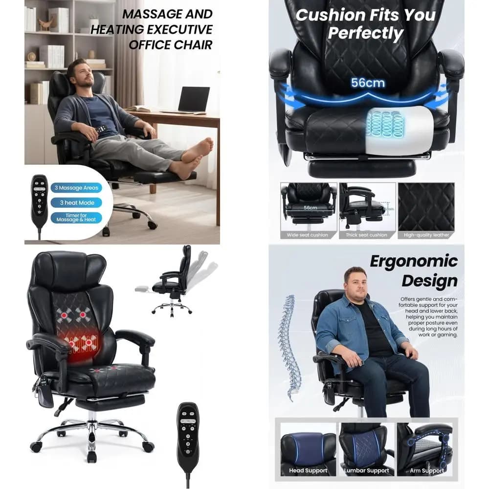 Ergonomic 500lbs Capacity Massage Office Chair with Footrest, Vibration & Heat, Wide for Big and Tall, Reclining Gaming Chair, B
