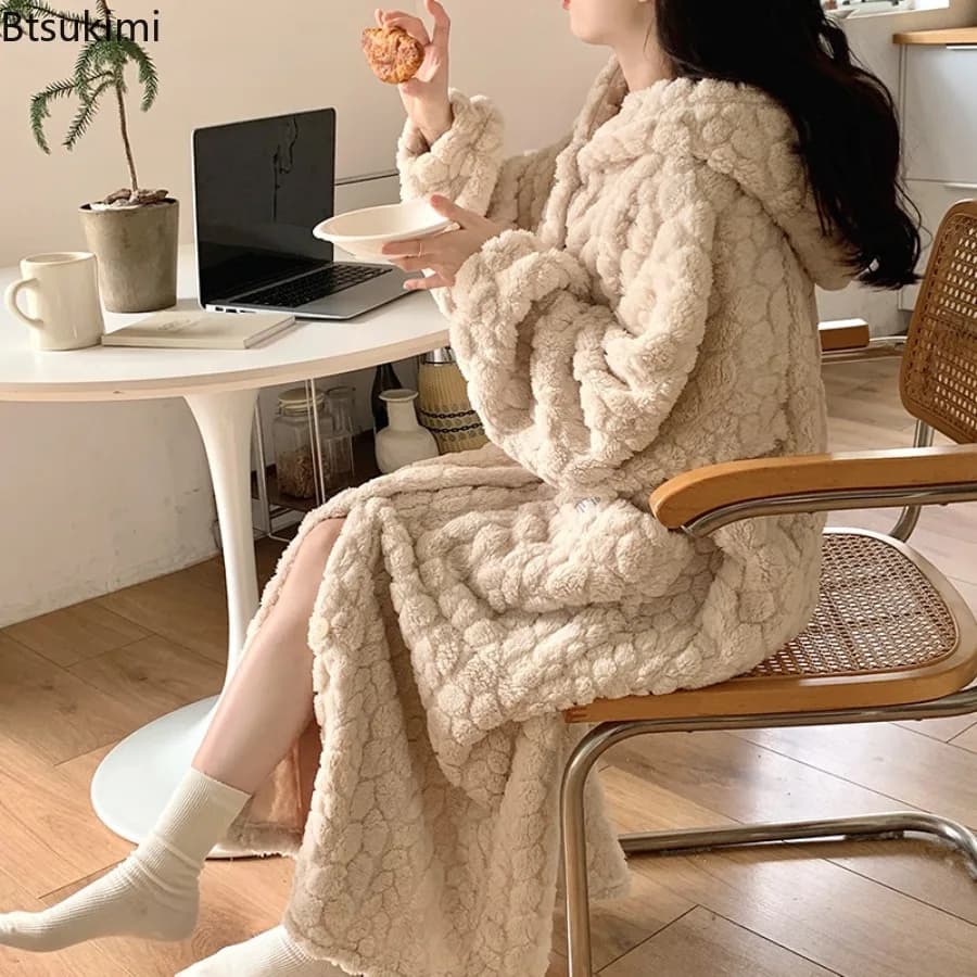 2026 Winter Women's Pocket Robe Sleepwear Nightdress Night Wears Warm Fleece Pajama One Piece Nightgown Hooded Sleeping Homewear