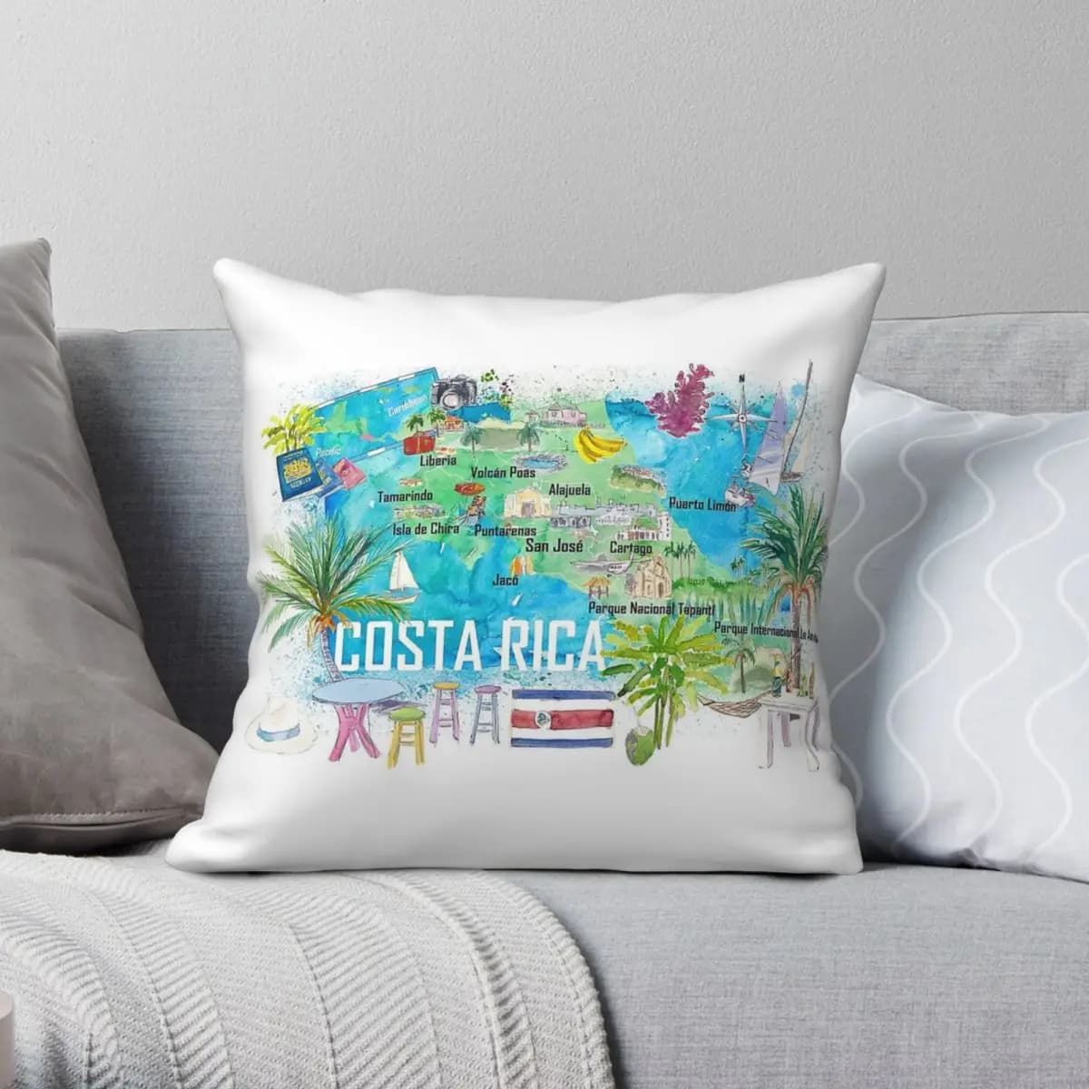 Costa Rica Mappa da viaggio Strade Highlights Federa quadrata Poliestere Lino Velluto Modello Zip Cuscino decorativo Fodera per cuscino per auto