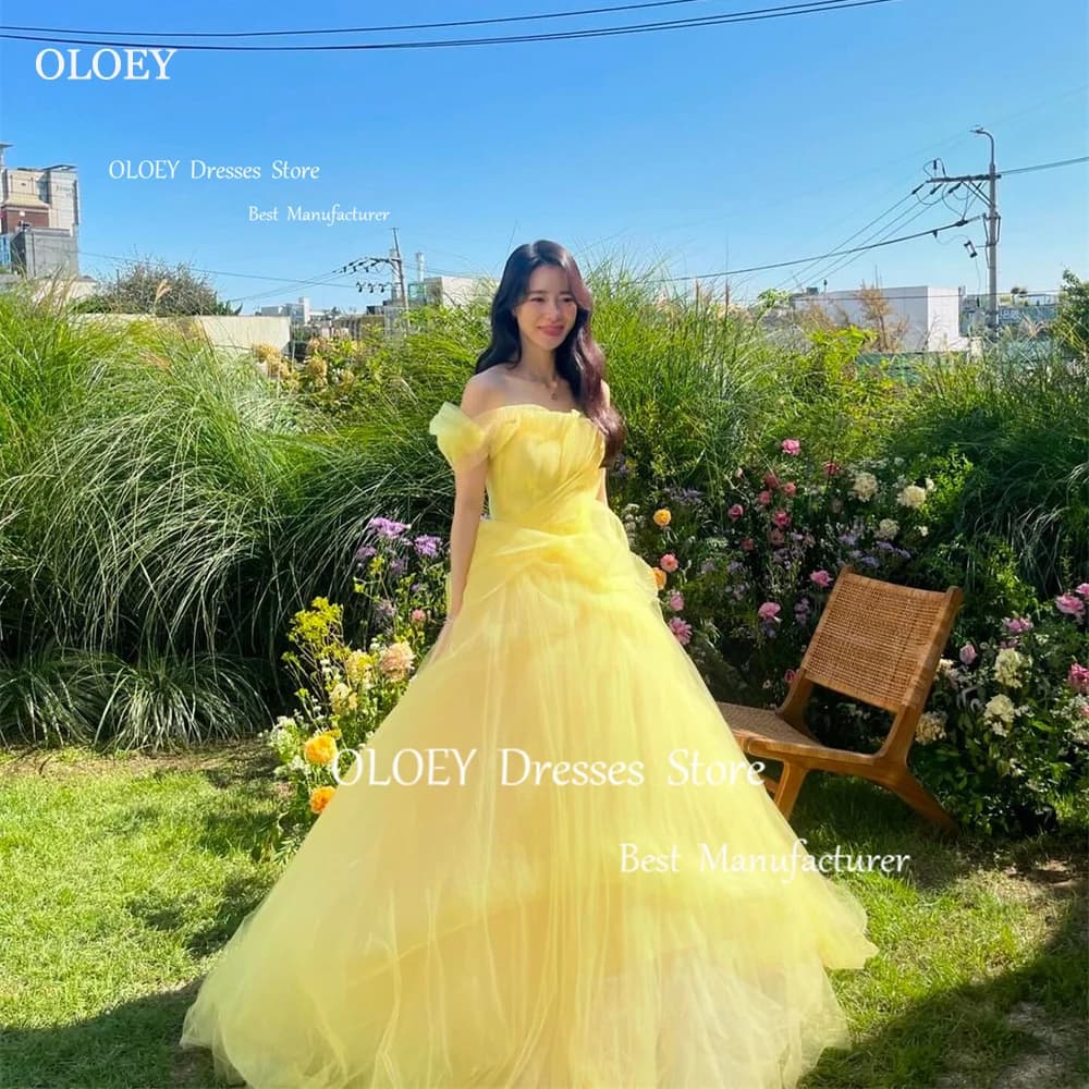 OLOEY eleganti abiti da sera in Tulle giallo corea matrimonio servizio fotografico giardino Off spalla corsetto indietro abito da ballo lunghezza del pavimento