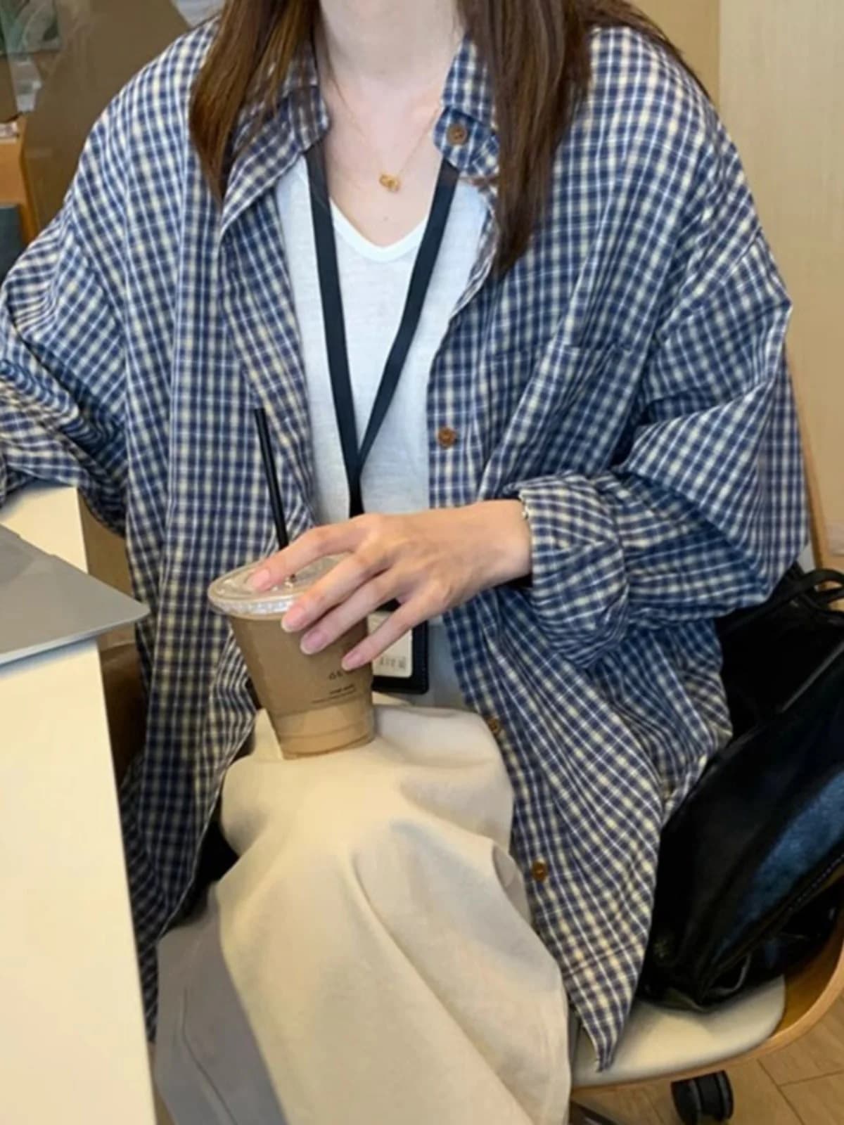 Retro Korean Blue Plaid Shirt Jacket Women's Harajuku Style Casual Versatile Loose Lazy Atmosphere Commute Style Long Sleeve ...