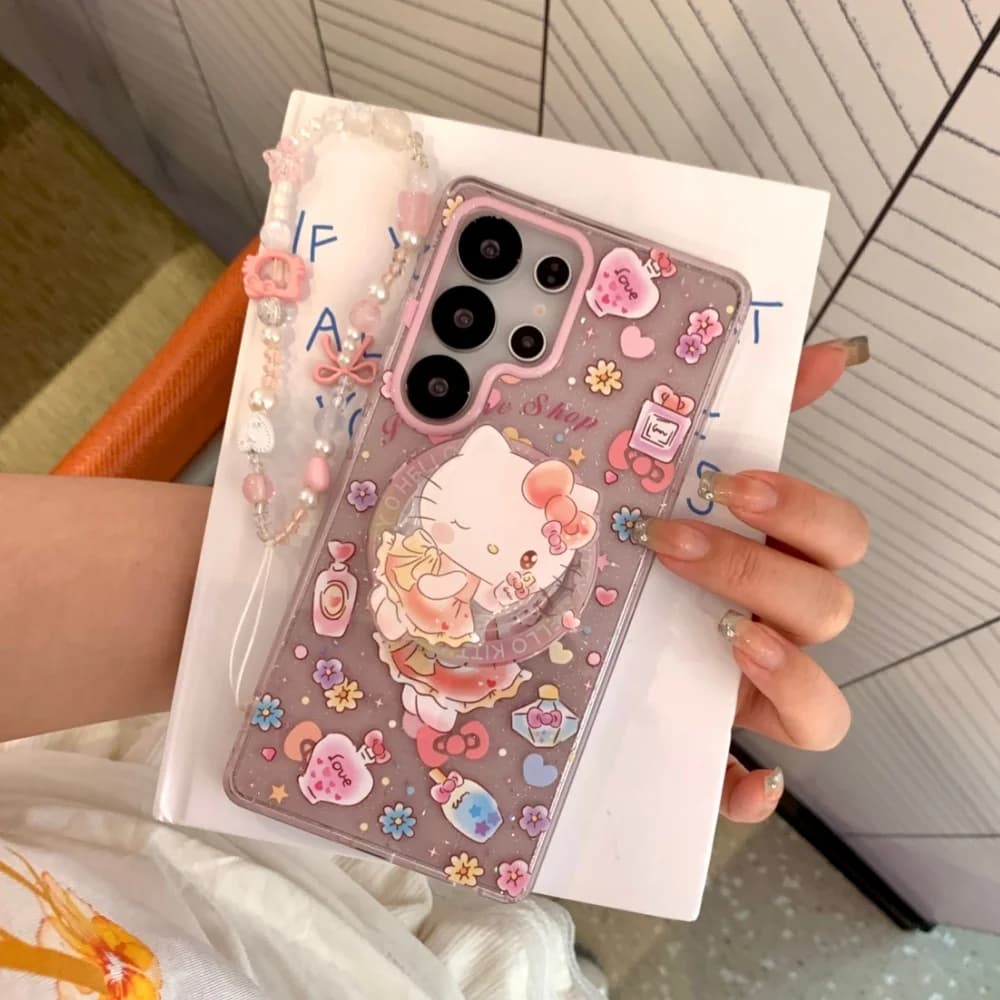 Sanrio Luxury Sparkling Pink Dream Magnetic Phone Case for MagSafe, compatible with Samsung Galaxy S26 Ultra S25 S24 Plus S23 FE, with integrated support