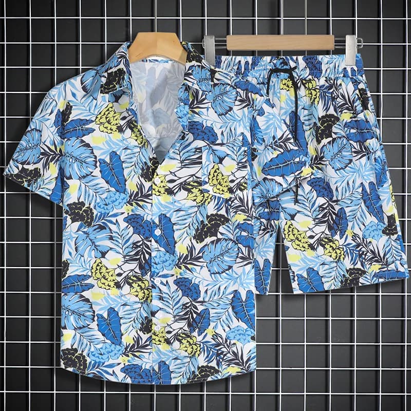 Hip Hop Popular seaside beach calligraphy plants 3D Print shirt +Shorts Short Sleeve Flip collar shirts half pants Two Piece Set