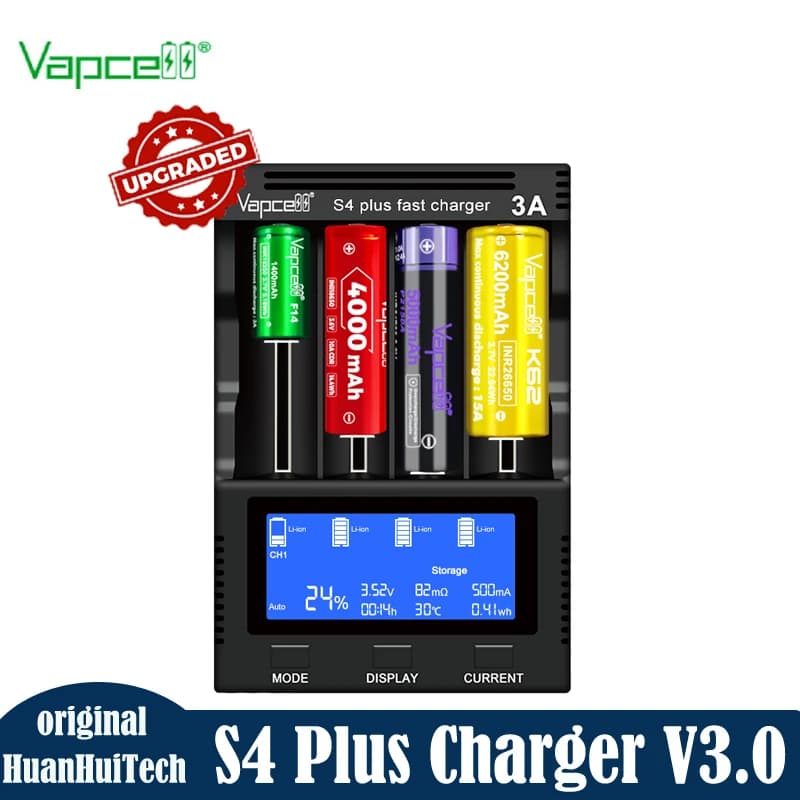 Caricabatterie rapido originale Vapcell S4 Plus V3.0 senza adattatore (cavo di alimentazione) Caricabatterie intelligente 3A 4 slot 12A