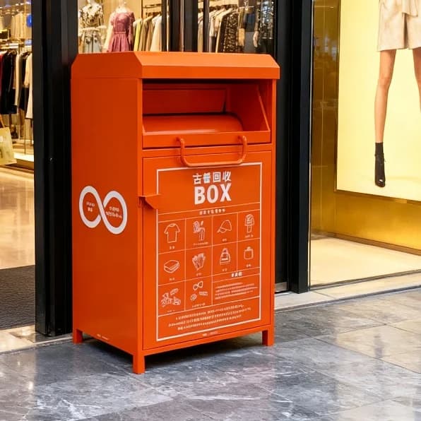 Contenitore per vestiti per il riciclaggio a prova di pioggia arancione per esterni di grandi dimensioni a prezzo di fabbrica OEM per scatola per donazioni all'aperto per uso esterno