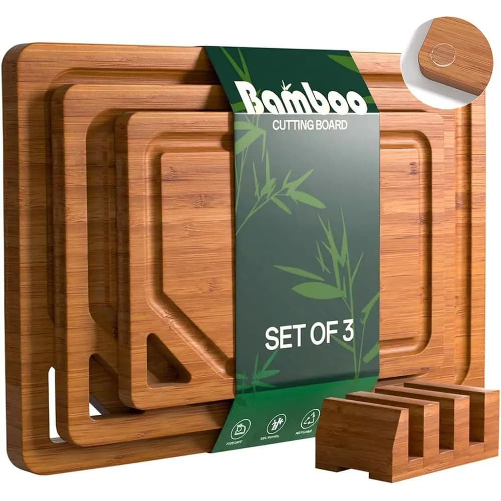3-Piece Bamboo Cutting Board Set with Juice Groove, Holder, and Serving Utility