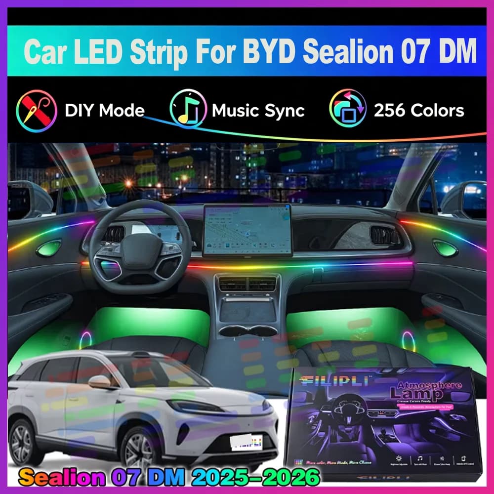 Car Ambient Light Kit RGB 256 Colors APP Control LED Strips Music Sync Neon Lighting For BYD Sealion 07 DM 2025-2026