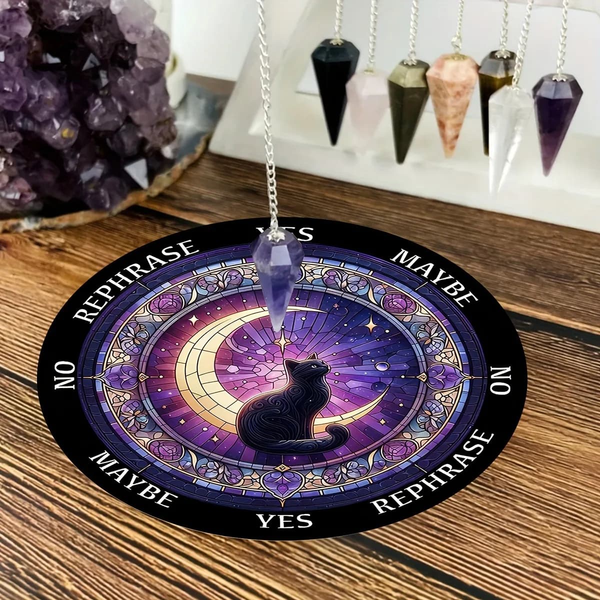 Tabellone a pendolo per astrologia stregoneria con gatto nero e luna, piatto di divinazione per tarocchi, carte oracoli, tappetino per meditazione spirituale