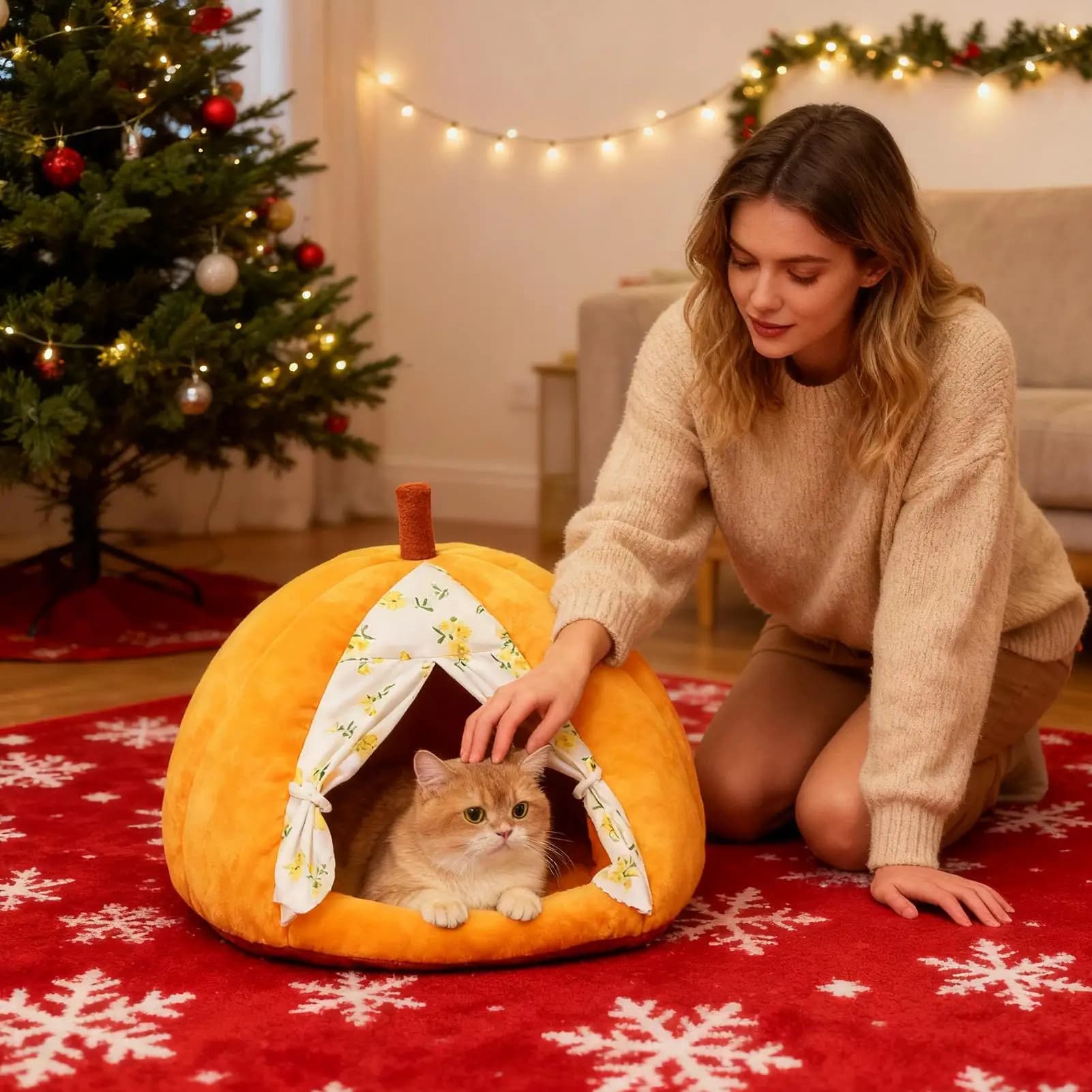 Gatto Grotta Zucca Caldo Peluche Antiscivolo Coperto Letto Per Gatti Carino Nido Per Animali Domestici Per Calmante Dormire Gattino Invernale Piccolo Cane Animale Domestico Coperta Casa
