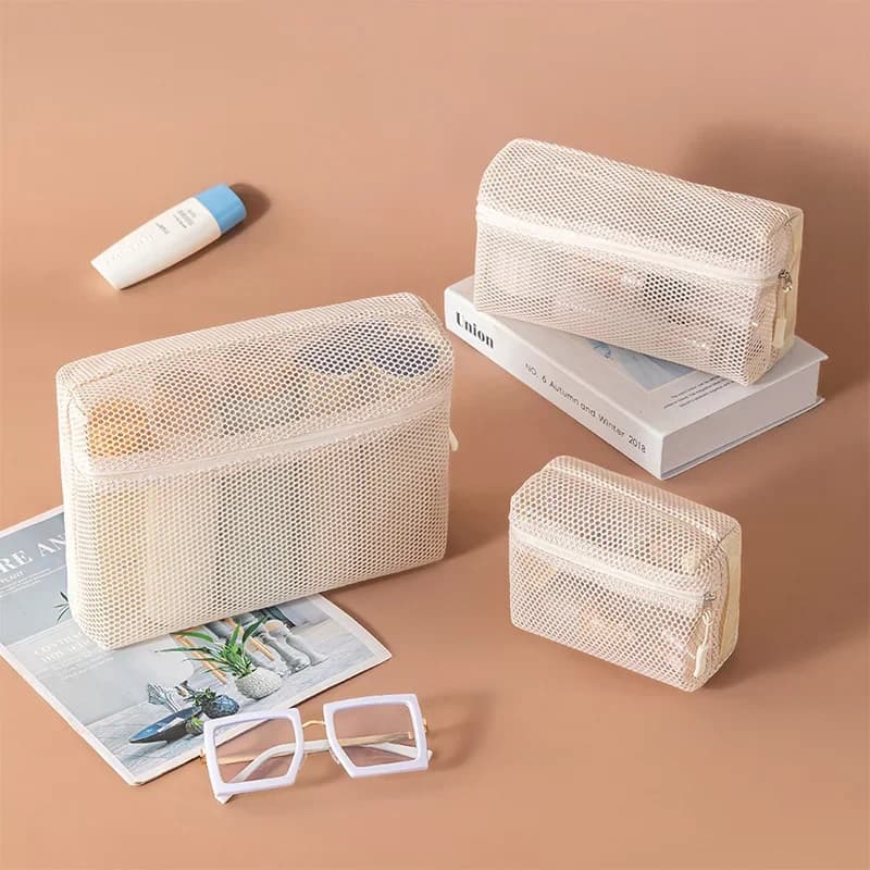 1 borsa in rete traspirante per cosmetici, borsa portatile per il trucco, borsa da viaggio per articoli da toeletta, custodia multifunzionale