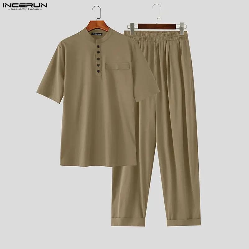 INCERUN Men's Sets Solid O-neck Short Sleeve T Shirt Pants Two Piece Sets Streetwear Casual Fashion Men Matching Sets Tracksuits