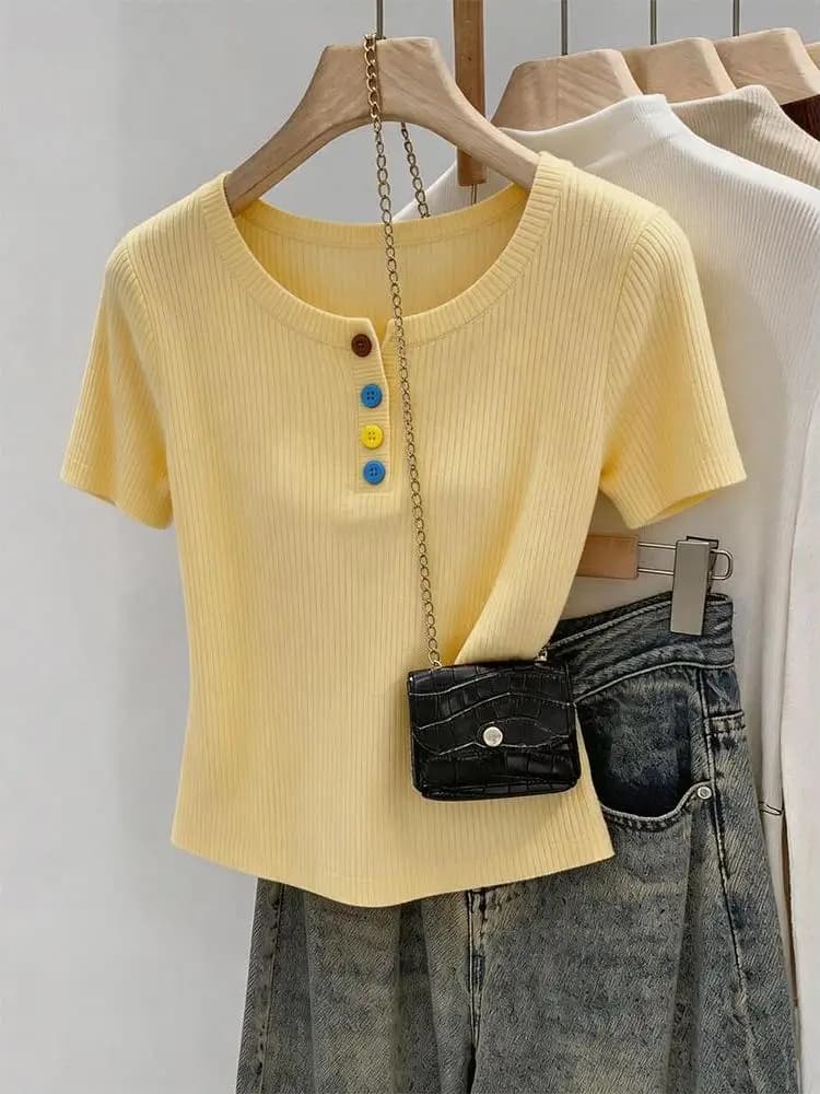 Loose Fit Short Sleeve round Neck Ice Silk Knitted Top Summer Thin Style Casual Wear for Women Button Large Size T-S...