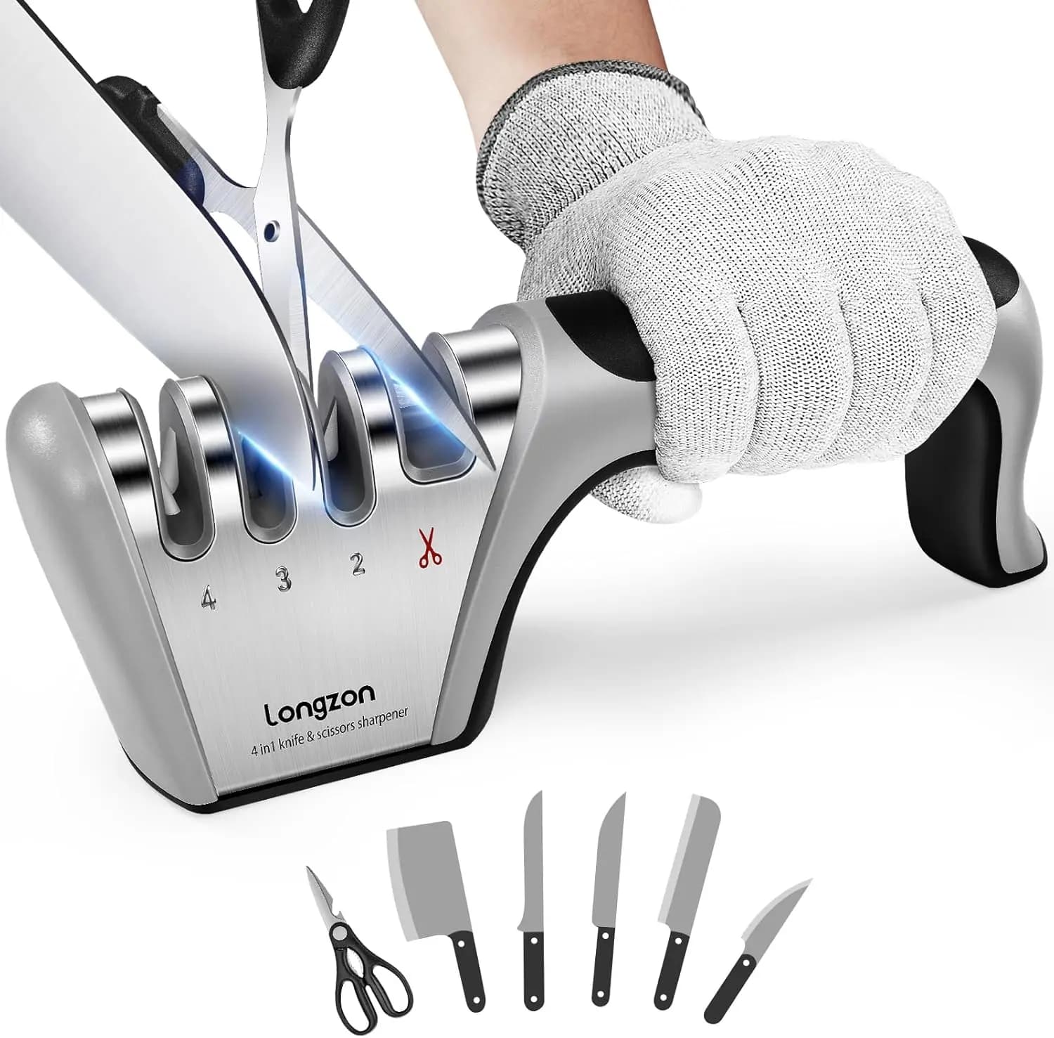 5-in-1 Knife Sharpener 4 Stage with Cut-Resistant Glove, Quickly Sharpens & Restores Dull Blades, Easy & Safe for Home Kitchen U