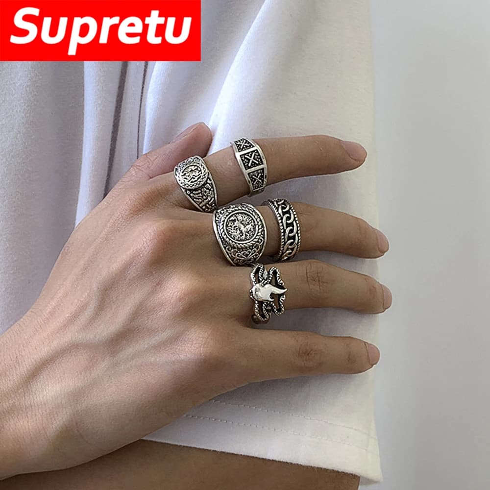 Set di anelli da uomo totem retrò Gioielli geometrici hip-hop Anelli impilabili regolabili in argento antico per uomo Accessori moda Regali