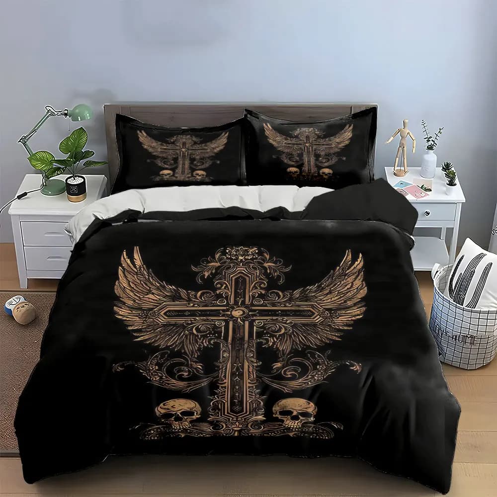 Set di biancheria da letto con decorazioni a forma di croce gotica e teschio, morbido e delicato sulla pelle, include 1 copripiumino e 2 federe, idea regalo
