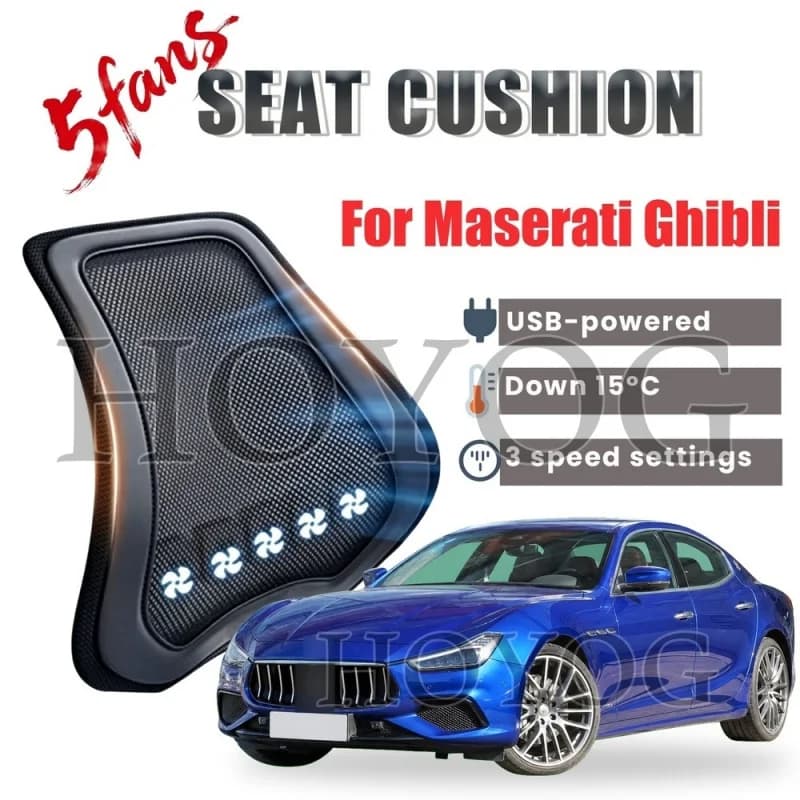 For Maserati Ghibli Car Seat Cooling Lumbar Support Cushion Back Support Pillow USB Cooling Fan Breathable Mesh Waist Rest