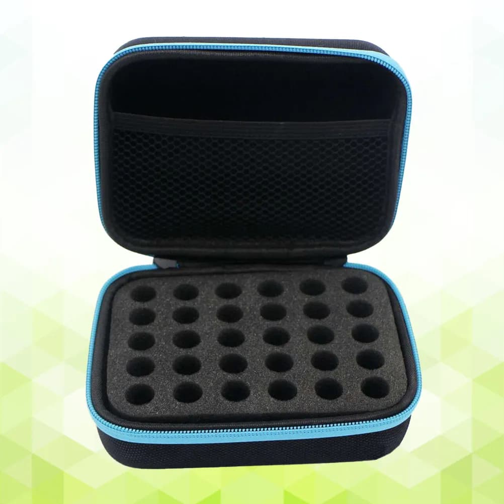 Storage box with 30 compartments, shockproof, dustproof, with hinge, travel organizer with transport handle, suitable for 5 ml bottles, 10 ml, 15 ml