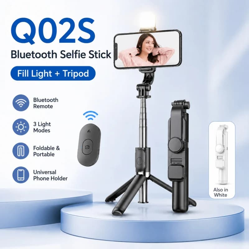 Q02S Asta Selfie Bluetooth con Treppiede e Luce di Riempimento, Supporto Universale Estensibile per Streaming Live, Telecomando Wireless per Smartphone