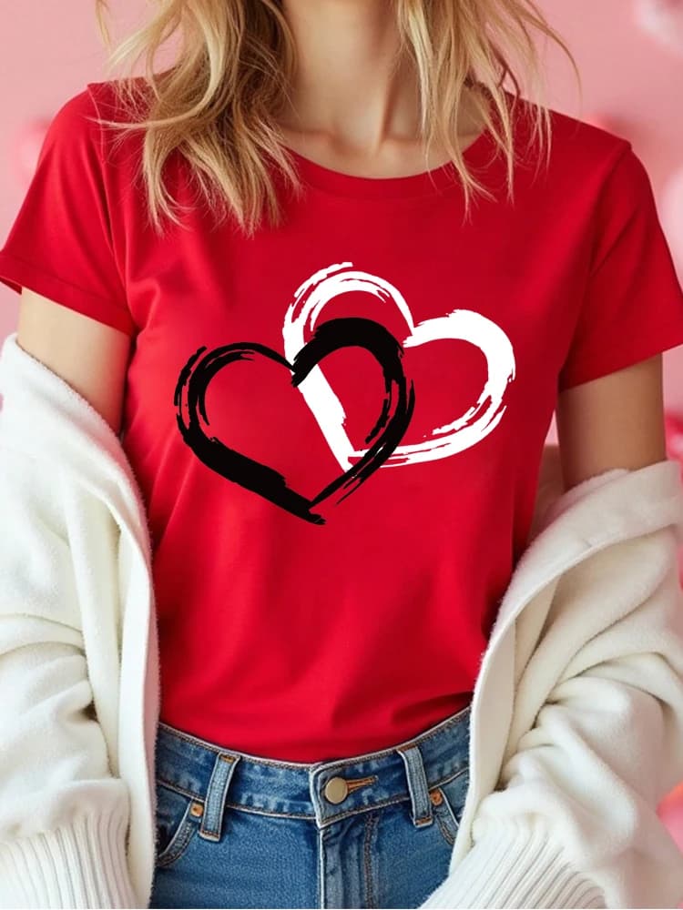 Women's T-Shirt with Print Love Heart Fashion Women's T-Shirt with Print Graphic Casual Women's Short Sleeved Lover T-Shirt