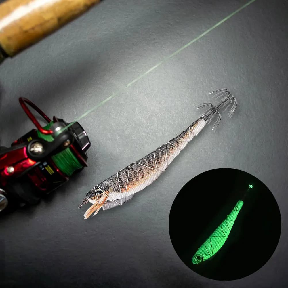 Esca Luminosa in Legno a Forma di Gambero 12cm 13g, Esca Dura per Seppie e Polpi, Esca Artificial per la Pesca in Acqua Salata