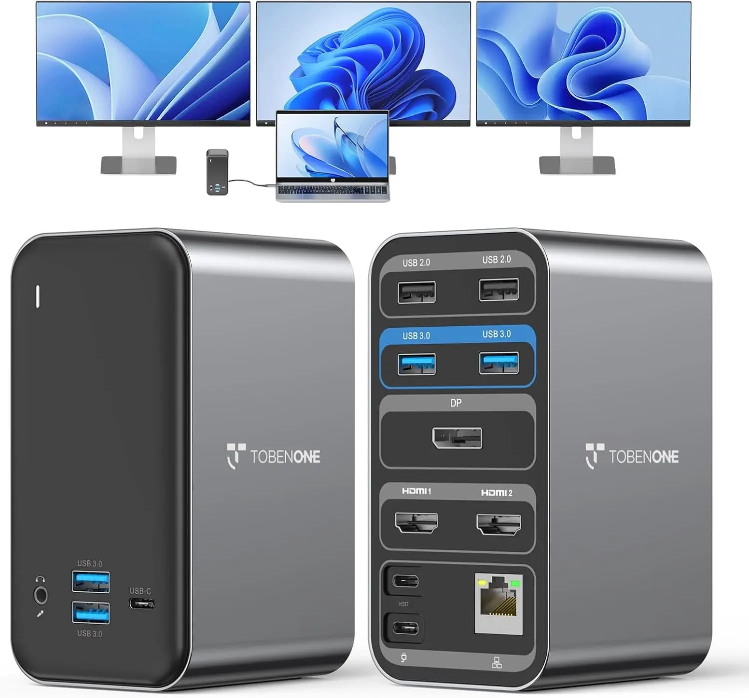 Docking Station per Doppio Monitor con Alimentazione da 100W, 7 Porte USB, HDMI/DP per Laptop Windows/Lenovo/HP/Dell