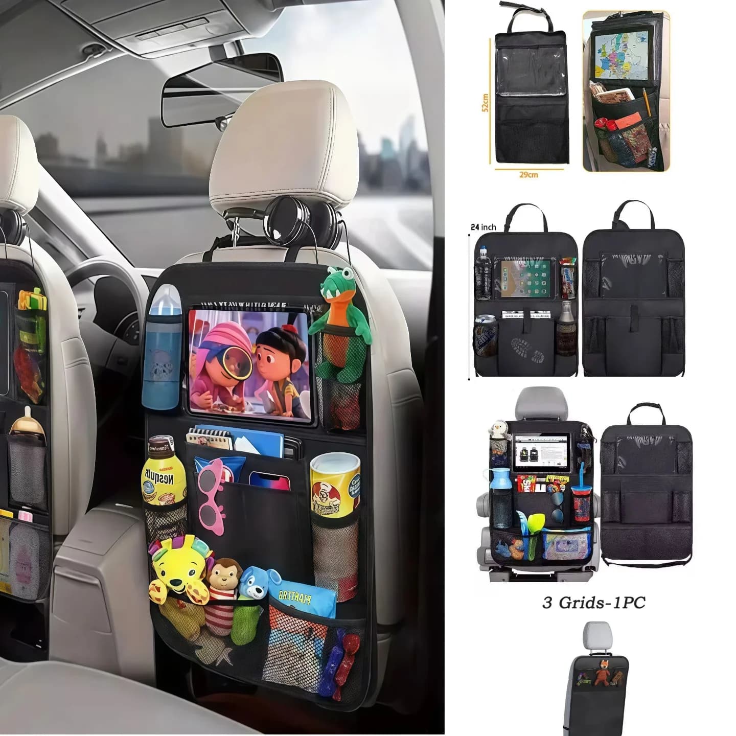 Organizer per sedile auto multifunzionale in tessuto Oxford, borsa portaoggetti posteriore per auto con supporto per tablet, protezione anti-urto per bambini.