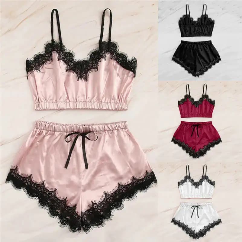 Pigiama Sexy in Pizzo a 2 Pezzi da Donna, Set Pure Desire con Scollo a V e Rifiniture Floreali, Abbigliamento da Casa per la Stagione Autunnale