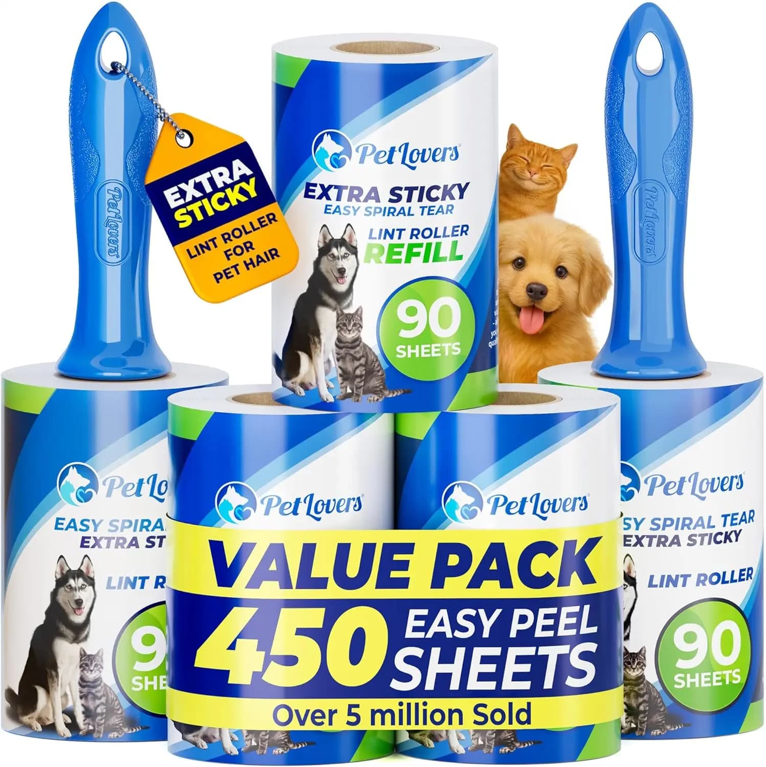 Set di Rulli Adesivi Extra Forti con 450 Fogli per la Rimozione di Peli di Animali Domestici da Vestiti, Mobili e Tappeti