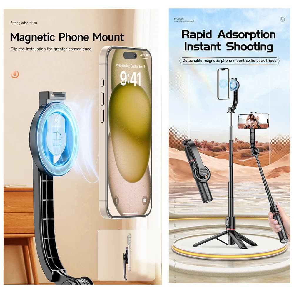 Supporto per treppiede con supporto staccabile per selfie stick estensibile magnetico con telecomando wireless Bluetooth per iPhone Android Magsafe