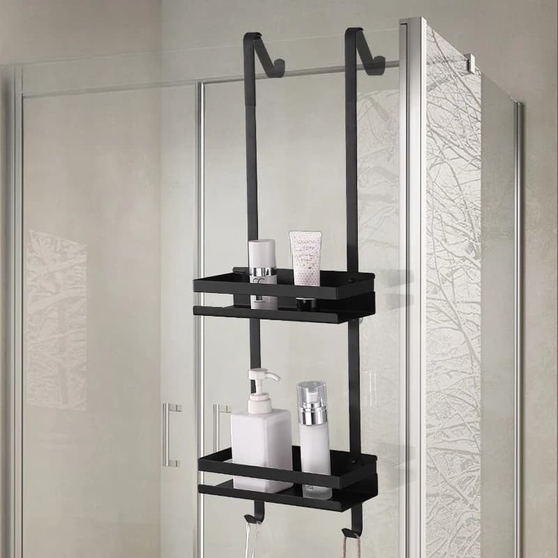 Stainless Steel Shower Room Rack – Hanging Bathroom Shelf, Double Layer Storage Basket, Glass Door Rear Towel Rack Organizer