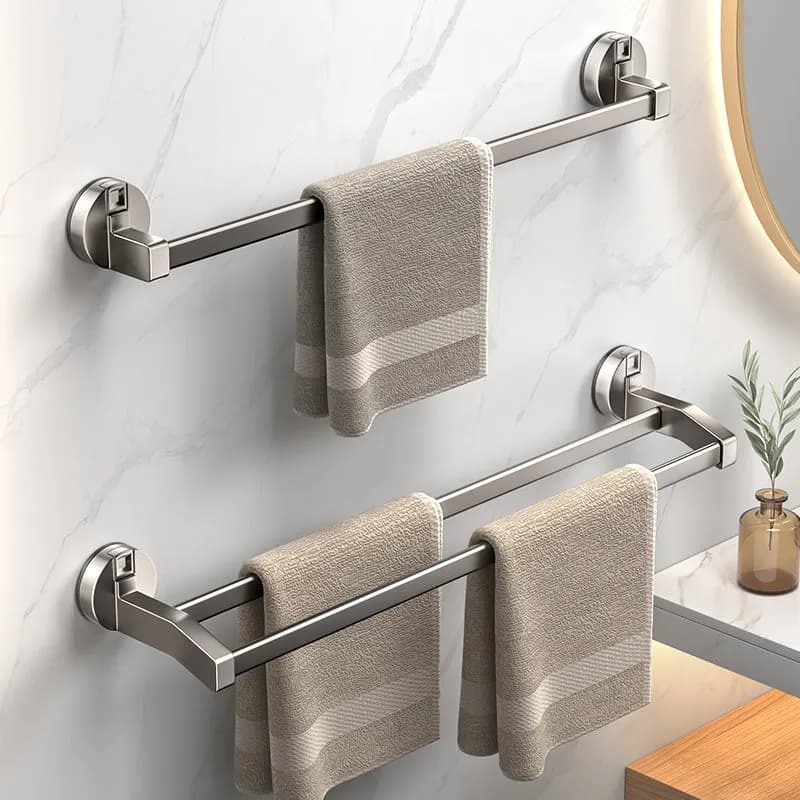 Gun Gray Suction‑cup Towel Rack, Wall‑Mounted Bathroom Bath Towel Bar with Hooks, Bathroom Hanging Storage Shelf