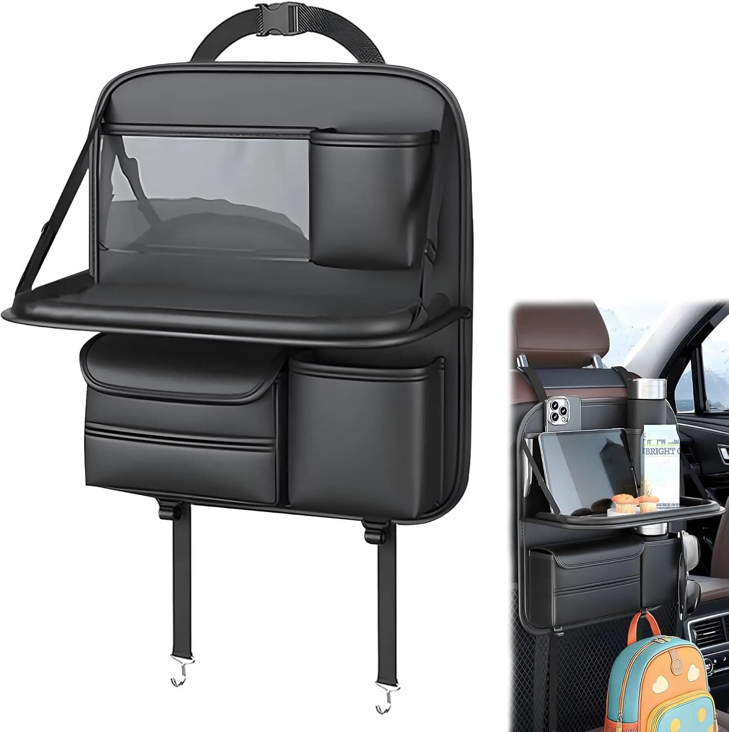 Borsa portaoggetti da appendere al sedile posteriore dell'auto, tavolino pieghevole, cestino, in pelle PU, multifunzionale, vassoio portaoggetti per schienale sedile