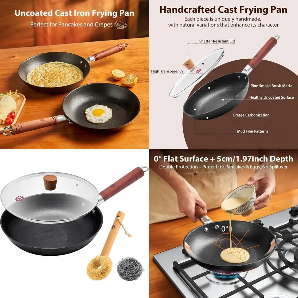 Padella e Piastra in Ghisa Non Rivestita da 10,2 Pollici con Coperchio in Vetro, Padella Profonda per Uova, Pancake e Bacon, Compatibile con