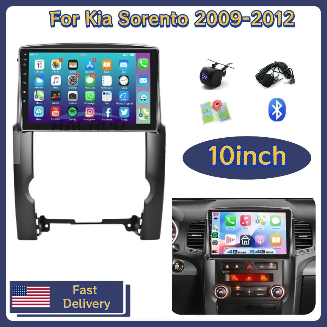 10inch Car Stereo Radio Player 2+64G For Kia Sorento 2009-2012 For Carplay Android 13 GPS Navigation Head Unit Bluetooth