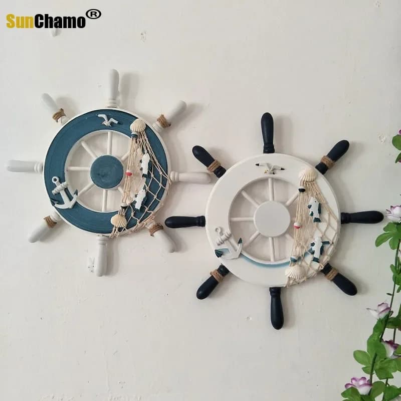 32CM nave in legno ruota barca sterzo timone ancora ornamento mediterraneo tema nautico decorazioni per feste di compleanno forniture per bambini