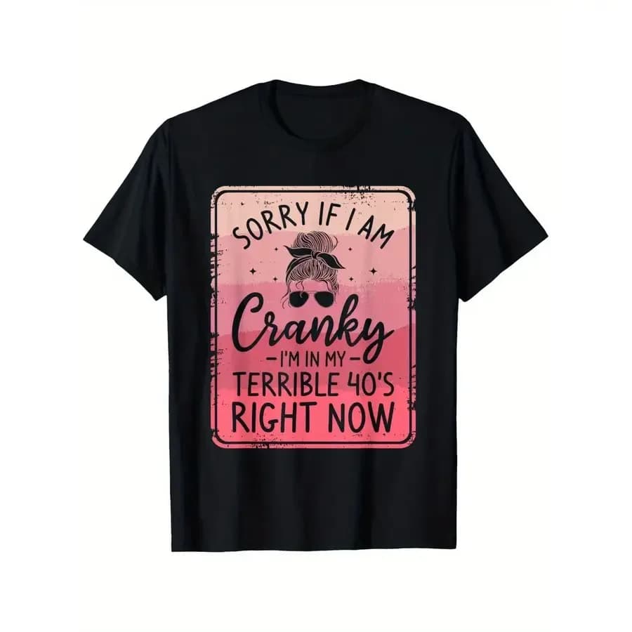 Casual printed t-shirt with pattern - Illustration 'Sorry If I Am Like This' with messy retro chignon, nuance, wide fit